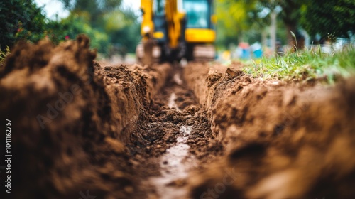 Excavator-Dug Trench in Brown Soil with Blurred Machine Background