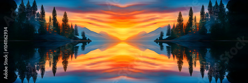 Twilight Serenity Over a Reflective Lake: A Symmetrical Intersection of Sky and Water at Sunset