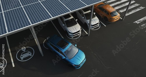 Overhead view of a modern parking lot featuring solar panels