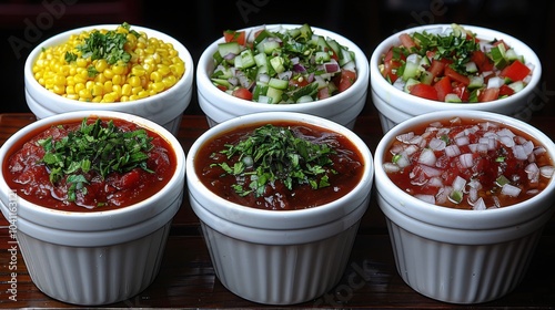 Six bowls of different salsas with colorful ingredients arranged on a dark wooden surface