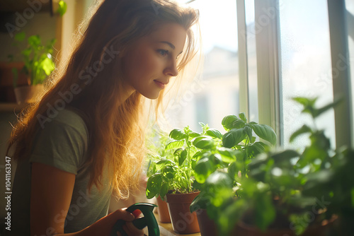 Young woman cares for her herb garden on a sunny windowsill at home, surrounded by basil and other herbs, creating a peaceful and relaxing atmosphere photo