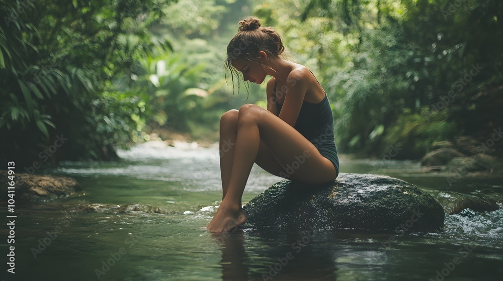 Young woman sitting on rock in a river. Young woman sitting on rock in a river.