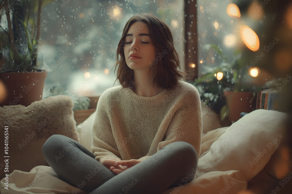 Young woman is meditating near the window on a snowy winter day, enjoying the cozy atmosphere of her home Young woman is meditating near the window on a snowy winter day, enjoying the cozy atmosphere of her home