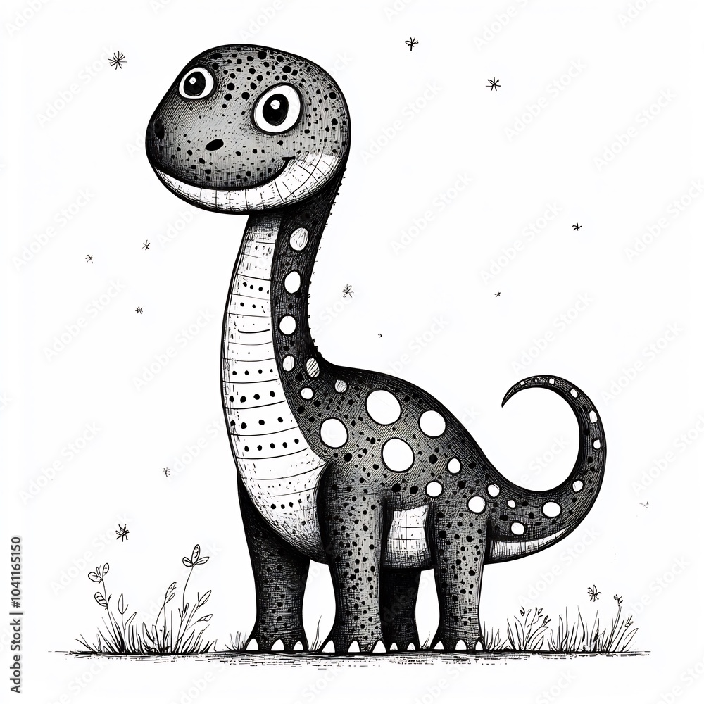 Handdrawn illustration of D featuring a big dinosaur with simple patterns outlined in black on a white background inviting for kids' coloring fun Handdrawn illustration of D featuring a big dinosaur with simple patterns outlined in black on a white background inviting for kids' coloring fun