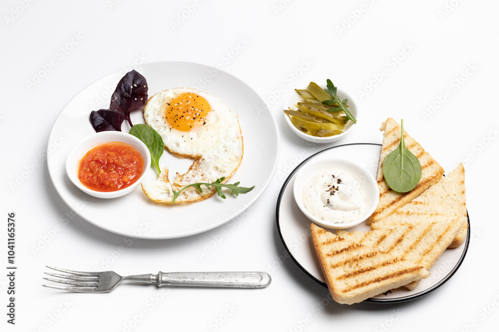 Fried egg on the plate, pickled cucumbers and bread, Fried egg on the plate, pickled cucumbers and bread,