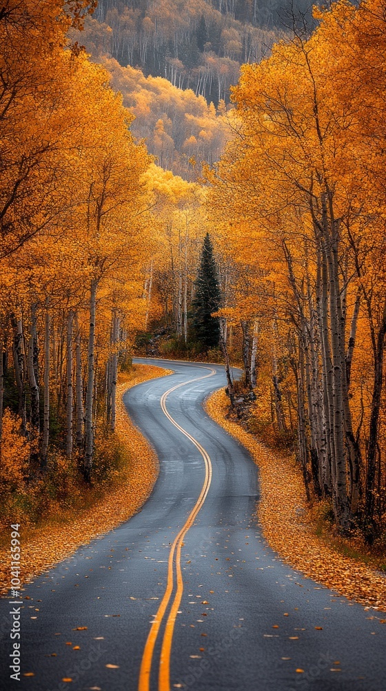 Autumn Road Through Golden Trees Realistic Image Autumn Road Through Golden Trees Realistic Image