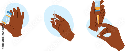 Set of illustrations with african american hands with syringe with liquid and ampoule for injection