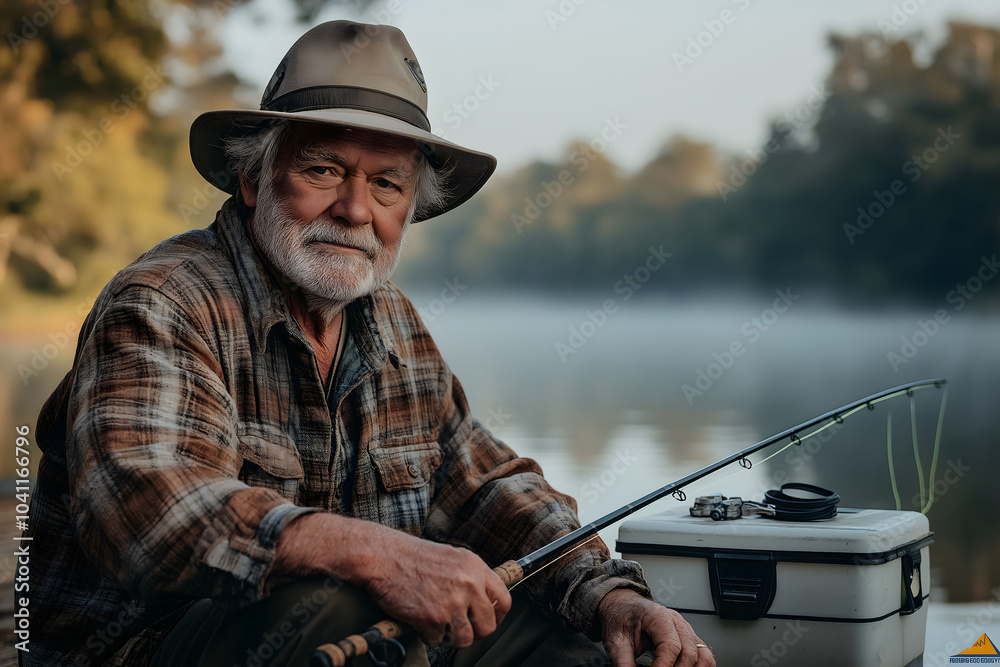 Elderly man wearing a hat is holding a fishing rod while sitting on a dock at sunrise Elderly man wearing a hat is holding a fishing rod while sitting on a dock at sunrise