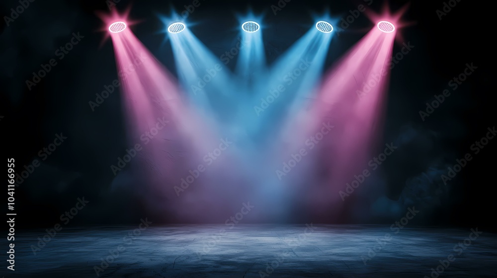 Fototapeta premium The image is a dark background illuminated by five spotlights, two pink and two light blue, creating a moody and mysterious atmosphere.