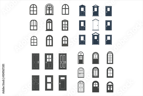 Black door icons. Vector open and close, house and safe doors signs isolated on white background