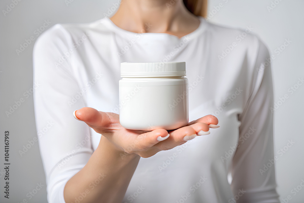 Female Hand holding white white pill jar mockup. Concept of beauty Female Hand holding white white pill jar mockup. Concept of beauty