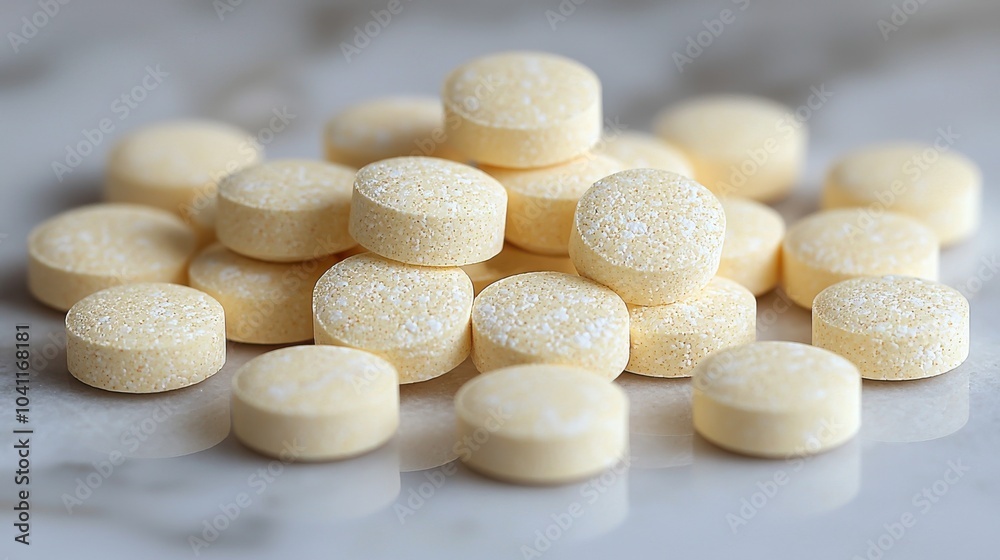 A close-up of a scattered pile of yellow citrus-flavored tablets on a marble surface A close-up of a scattered pile of yellow citrus-flavored tablets on a marble surface