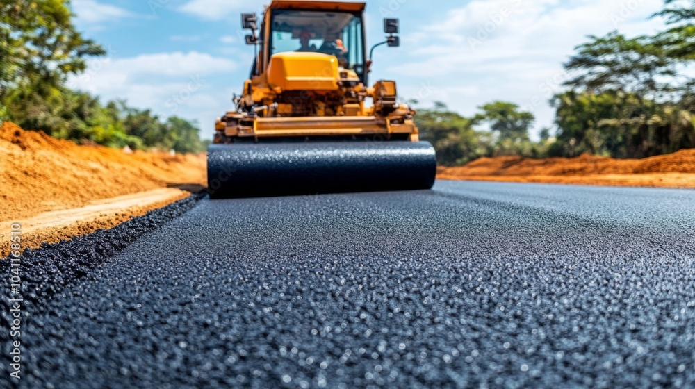 Road Construction with Asphalt Roller and Freshly Laid Asphalt Road Construction with Asphalt Roller and Freshly Laid Asphalt