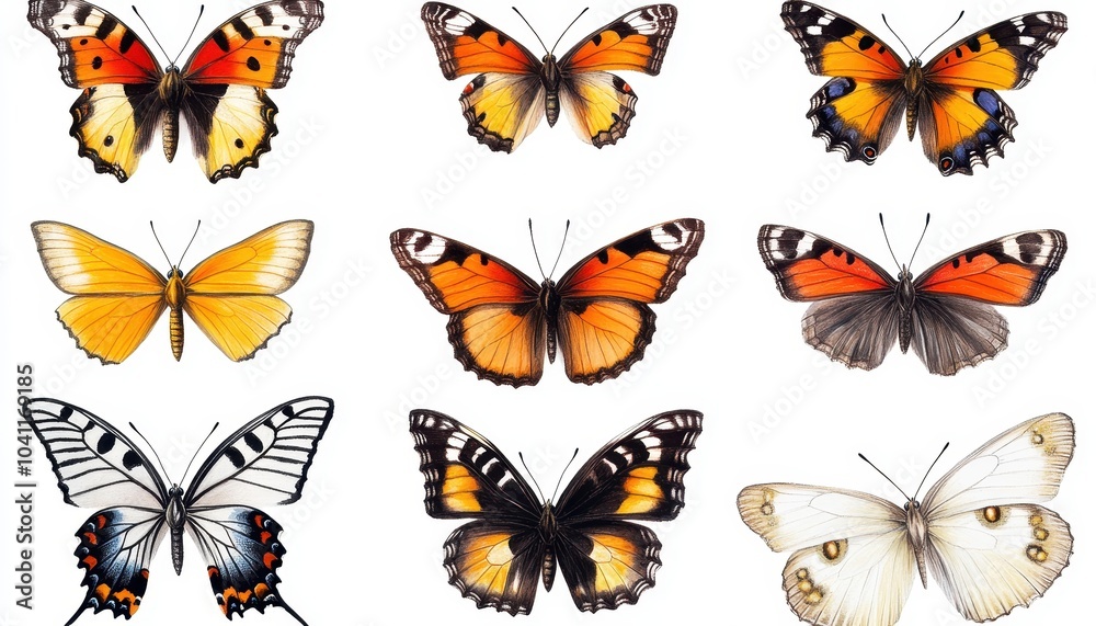 A Collection of Eight Diverse Butterflies with Intricate Wing Patterns A Collection of Eight Diverse Butterflies with Intricate Wing Patterns