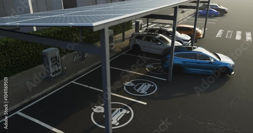 Generic electric car pulls into a parking