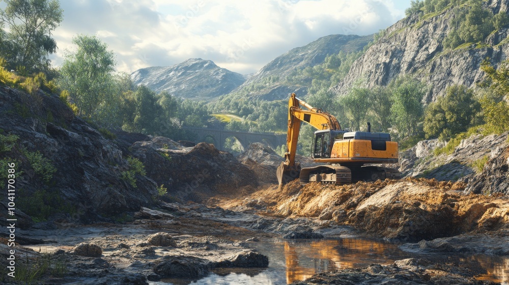Excavator Digging in a Mountainous Landscape Excavator Digging in a Mountainous Landscape
