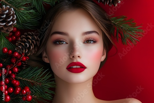 beautiful woman with red lips, surrounded by pine cones, holly berries, and leaves, against a red background