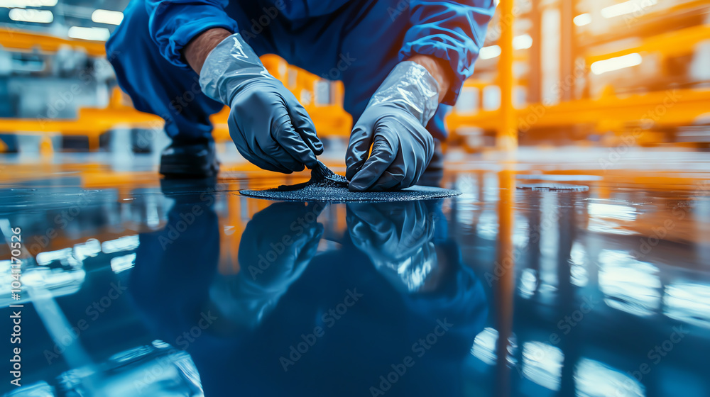 Close-up of hands in protective gloves spreading epoxy on a glossy Close-up of hands in protective gloves spreading epoxy on a glossy