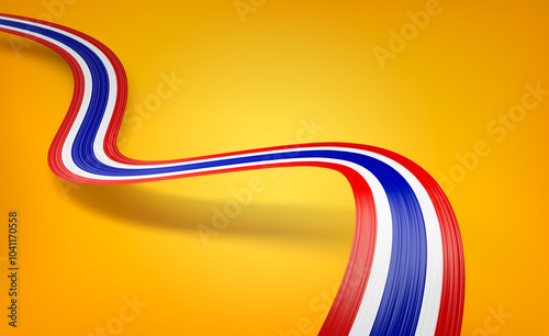 Flag Of Thailand Wavy Shiny Thailand Ribbon Flag Isolated On Yellow Background 3d Illustration