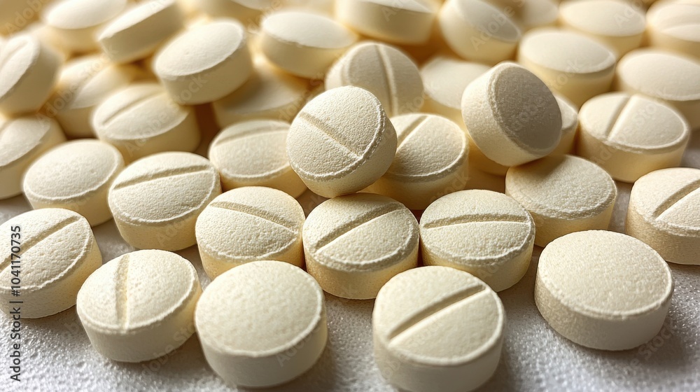Close-up view of scattered light yellow tablets on a white surface, displaying varying orientations and a textured surface in natural lighting Close-up view of scattered light yellow tablets on a white surface, displaying varying orientations and a textured surface in natural lighting