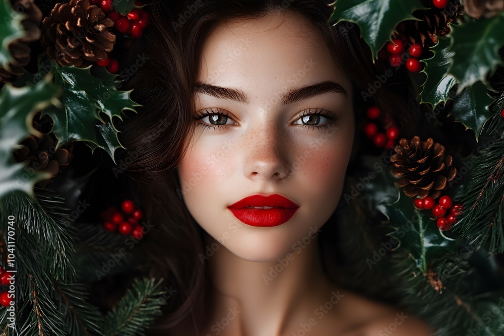 beautiful woman with red lips, surrounded by pine cones, holly berries, and leaves, against a red background beautiful woman with red lips, surrounded by pine cones, holly berries, and leaves, against a red background