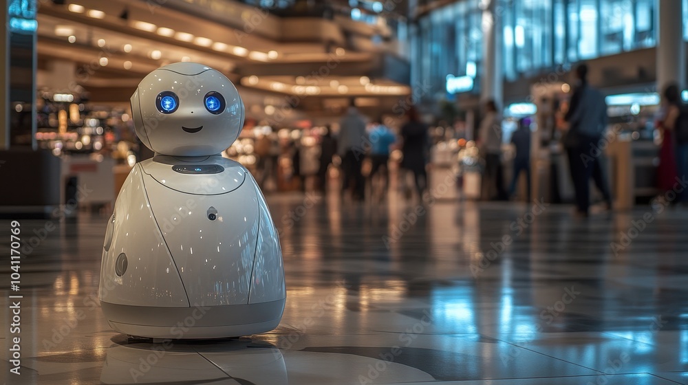 A Friendly White Robot with Blue Eyes in a Modern Interior