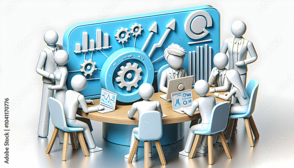 3D Marketing Team Analyzing AI Generated Consumer Insights for Growth in Casual Meeting, Showcasing Natural Expressions and Growth Data Symbolizing AI's Role in Marketing Expertise, 3D Icon on Isolate 3D Marketing Team Analyzing AI Generated Consumer Insights for Growth in Casual Meeting, Showcasing Natural Expressions and Growth Data Symbolizing AI's Role in Marketing Expertise, 3D Icon on Isolate