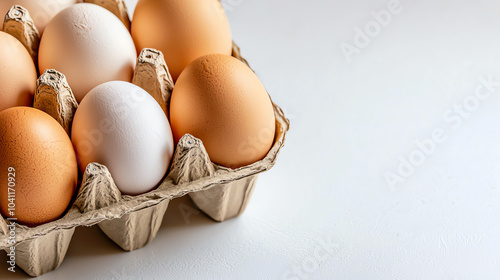 Close-up of a carton of fresh white eggs in eco-friendly packaging, minimalist composition on a white background, perfect for food-related designs photo