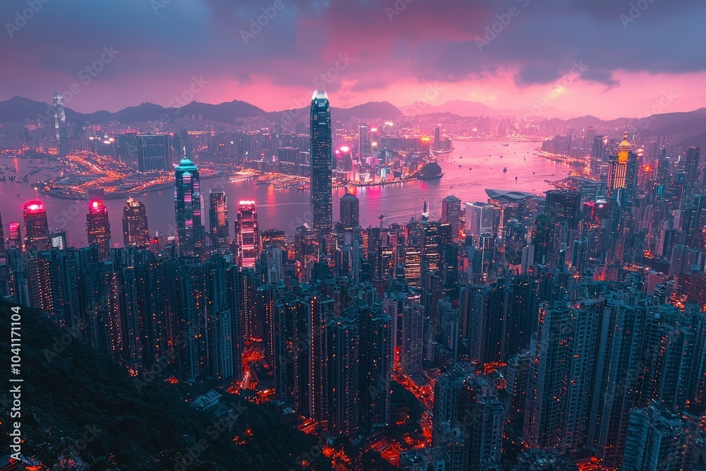 Fototapeta premium Hong Kong Skyline at Dusk with Vibrant Pink Sky and City Lights