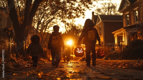 Kids in Costumes Enjoying Halloween Evening Walk