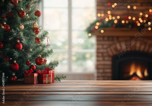 A Christmas tree is on a wooden table by a fireplace photo