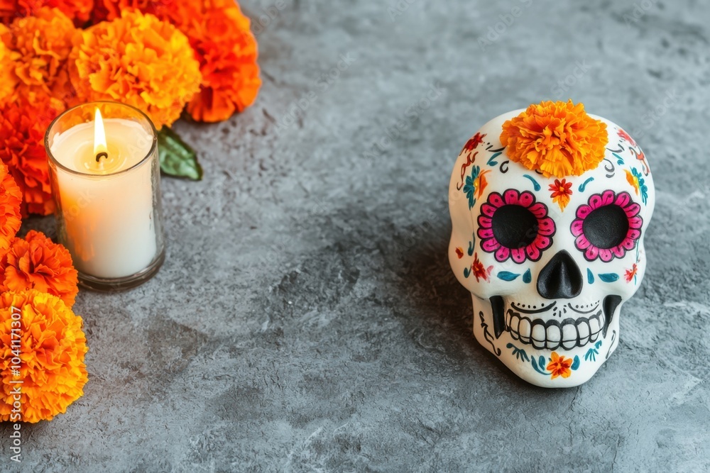 Fototapeta premium Sugar skull and candles concept in a graveyard. A colorful sugar skull surrounded by marigold flowers and a lit candle embodying the Día de los Muertos celebration