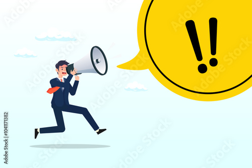 Warning message, shouting alert or danger warning, important message on loud speaker, emergency attention, safety or urgency scream concept, businessman shouting on megaphone with exclamation point