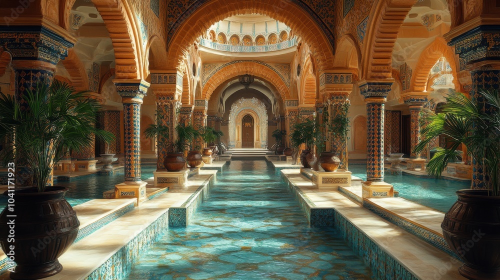 Fototapeta premium Ornate indoor pool area with arches, plants, and vibrant tiles.