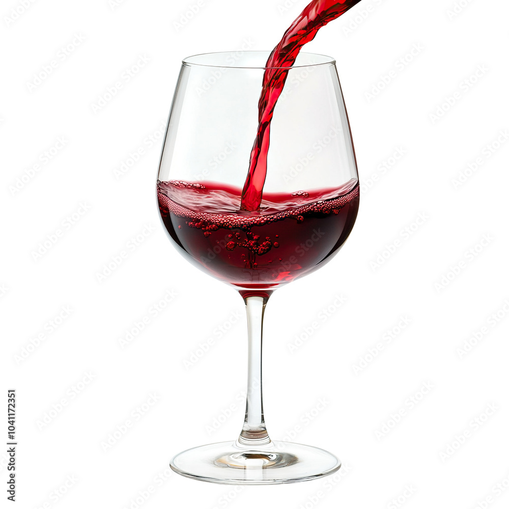 Glass of red wine with pouring wine, isolated on transparent cutout background Glass of red wine with pouring wine, isolated on transparent cutout background