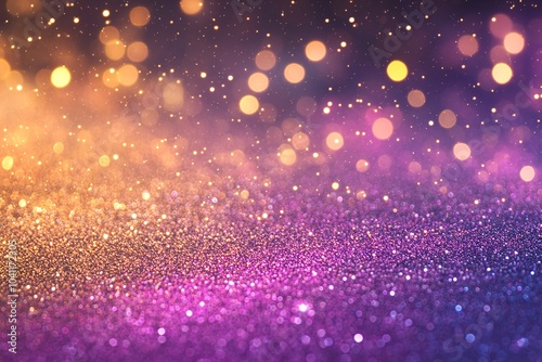 Shimmering purple and gold glitter with bokeh lights