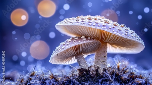 Glowing Ramaria mushrooms in enchanted forest photo