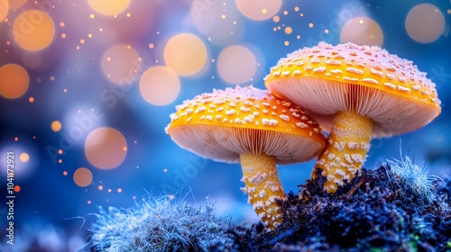 Golden Ramaria mushrooms in enchanted forest photo