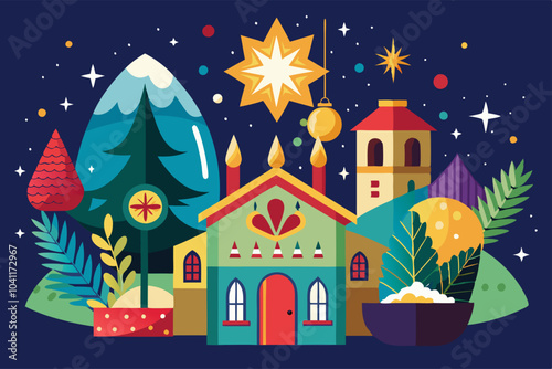 Whimsical holiday village scene with starry night sky for festive design