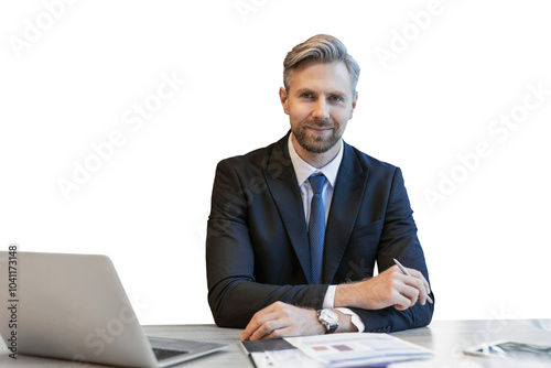 Portrait of happy businessman sitting at office desk, looking at camera, smiling on a transparent background