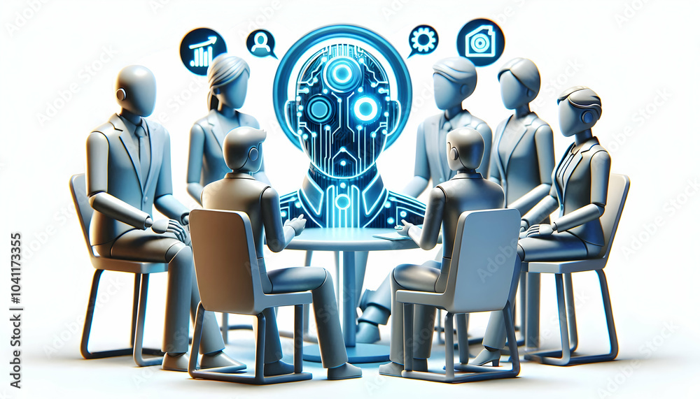 3D HR Team Discussing AI Recruitment Strategies, Candid Interaction, AI Integration, Enhance Business Growth, HR Innovation, Focus on Expertise, 3D Icon, Isolated White Background 3D HR Team Discussing AI Recruitment Strategies, Candid Interaction, AI Integration, Enhance Business Growth, HR Innovation, Focus on Expertise, 3D Icon, Isolated White Background