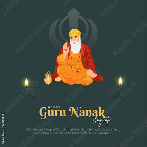 Happy Guru Nanak Jayanti Post and Greeting Card. Celebrating Birthday of Guru Nanak Dev Ji Banner Vector Illustration