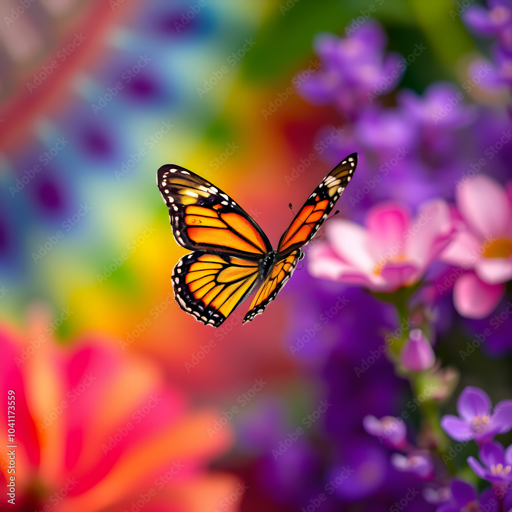 Butterfly flying over vibrant natures colorful patterns