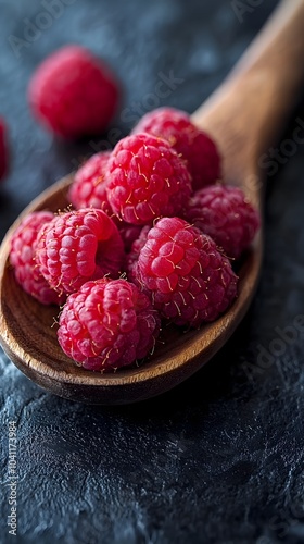 Close up of Vibrant Red Raspberries on Rustic Wooden Spoon Highlighting Fruit s Texture and Flavor photo