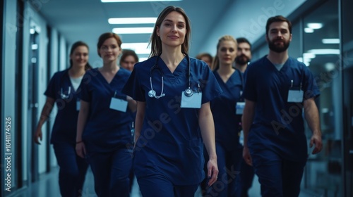 A cool group of osteopaths in dark blue uniforms, walking with purpose, shot from the front.