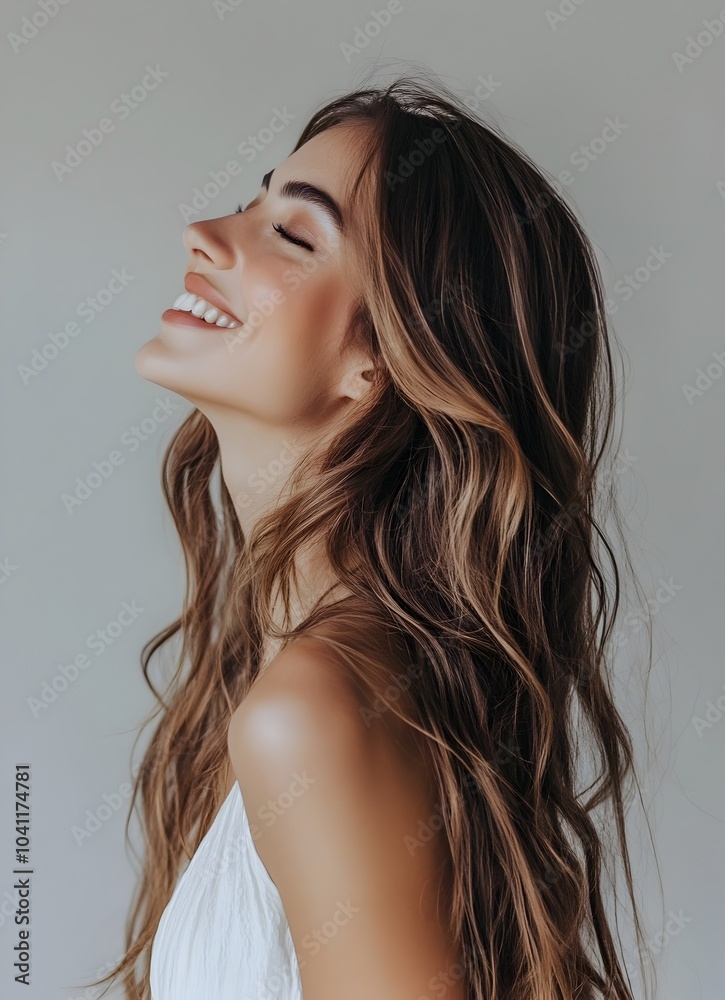 Naklejka premium Confident and Charming Woman with Soft Wavy Hair Standing Sideways and Looking Up on Light Gray Background
