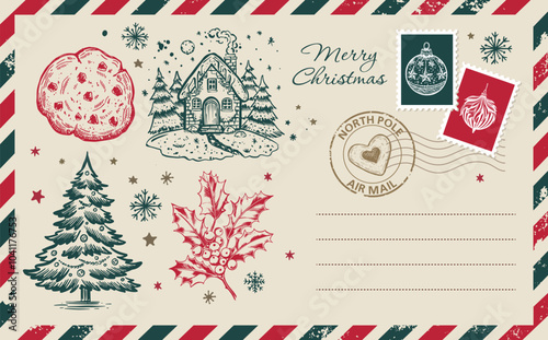 Christmas mail, postcard, hand drawn illustration.	
