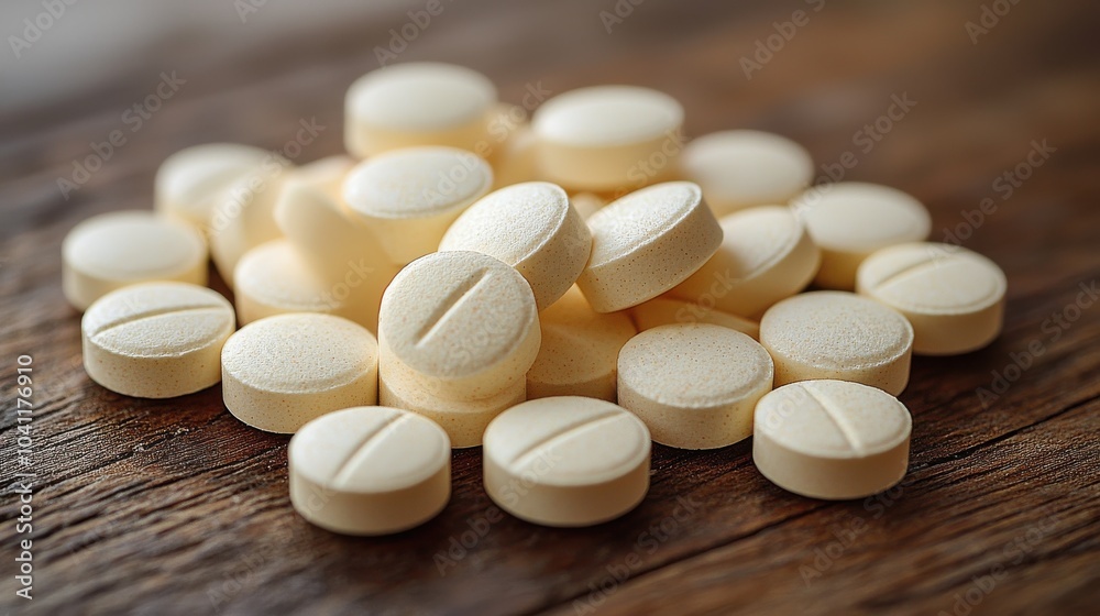 Piles of yellow round tablets scattered on a wooden surface, highlighting their texture and design in natural light during the day Piles of yellow round tablets scattered on a wooden surface, highlighting their texture and design in natural light during the day