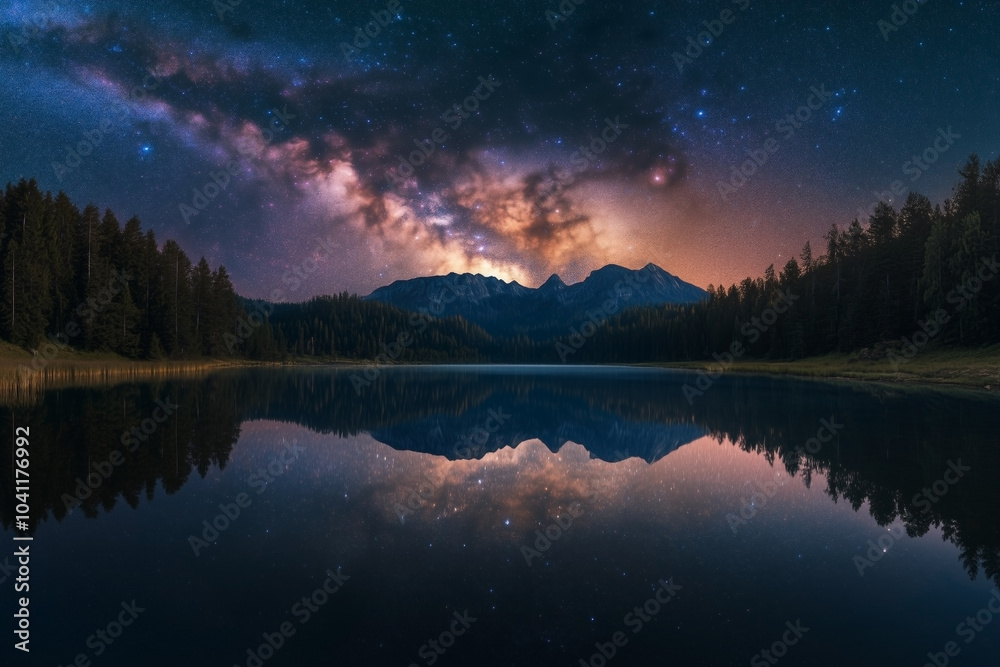 Fototapeta premium Milky Way reflected perfectly in a calm lake