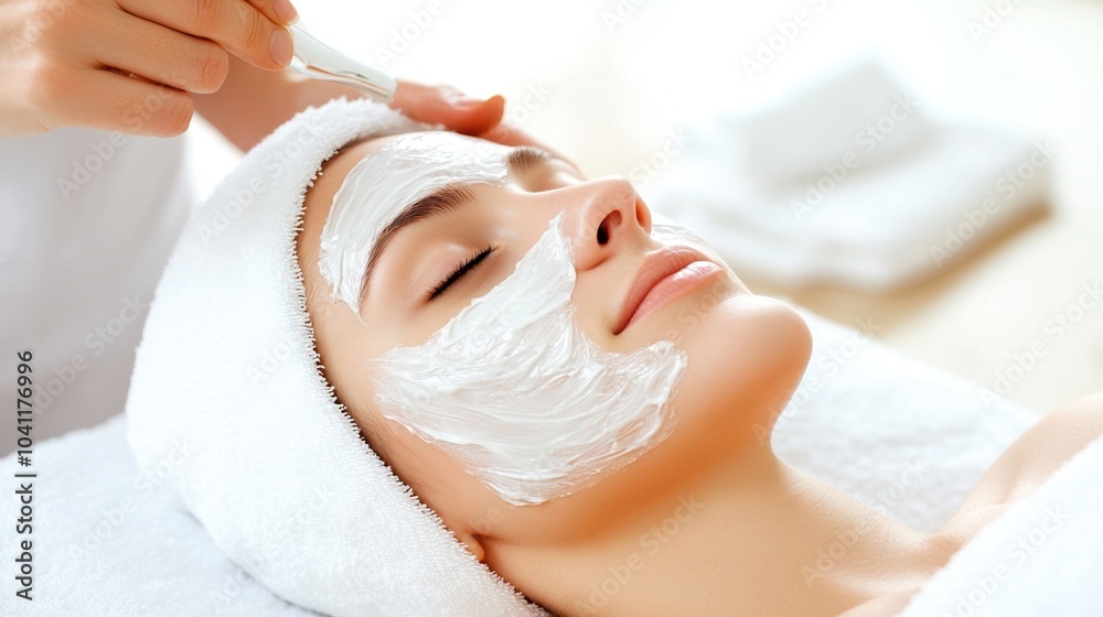 Woman receiving facial treatment in a serene spa environment. Woman receiving facial treatment in a serene spa environment.